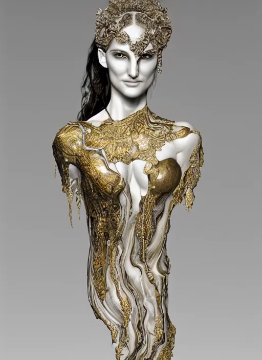 Image similar to marble sculpture of natalie portman, oil slick, palladium veins, dripping, mandelbulb, hypercube, ferrofluid, ivory carving, fractal paisley inlay, lace, intricate, elegant, highly detailed, gold inlay, metallic, ivory, artgerm, lace, by ruan jia, greg rutkowski, mucha, zbrush, nick alm