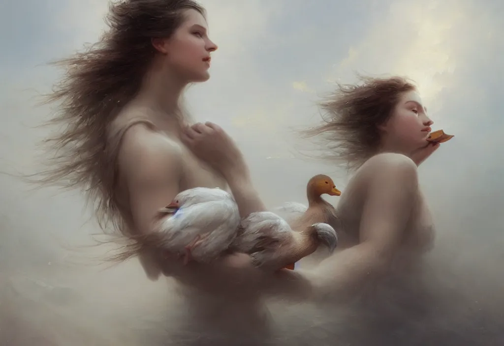Image similar to epic portrait an woman holding a duck, wet flowing hair, sweaty skin, broad light, ambient occlusion, volumetric light effect, made by ivan aivazovsky, peter mohrbacher, greg rutkowski, hyperrealistic, hyperdetailed, matte painting, trending on artstation, 8 k, perfectly defined features, digital painting,