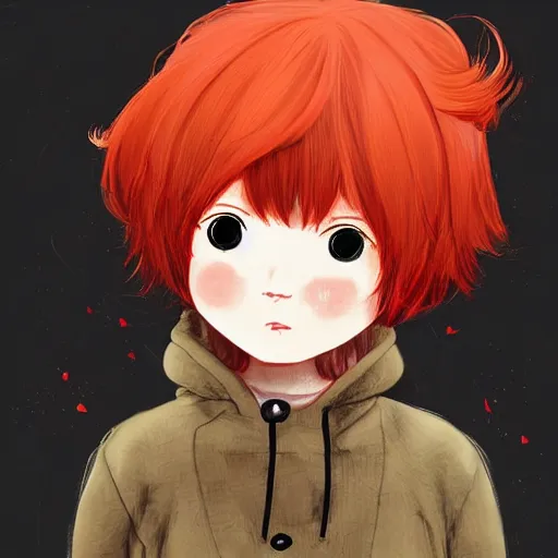 Prompt: A cute cartoon ginger girl with puffy red hair, wearing a brown jacket over a black hoodie, digital art, Akihiko Yoshida