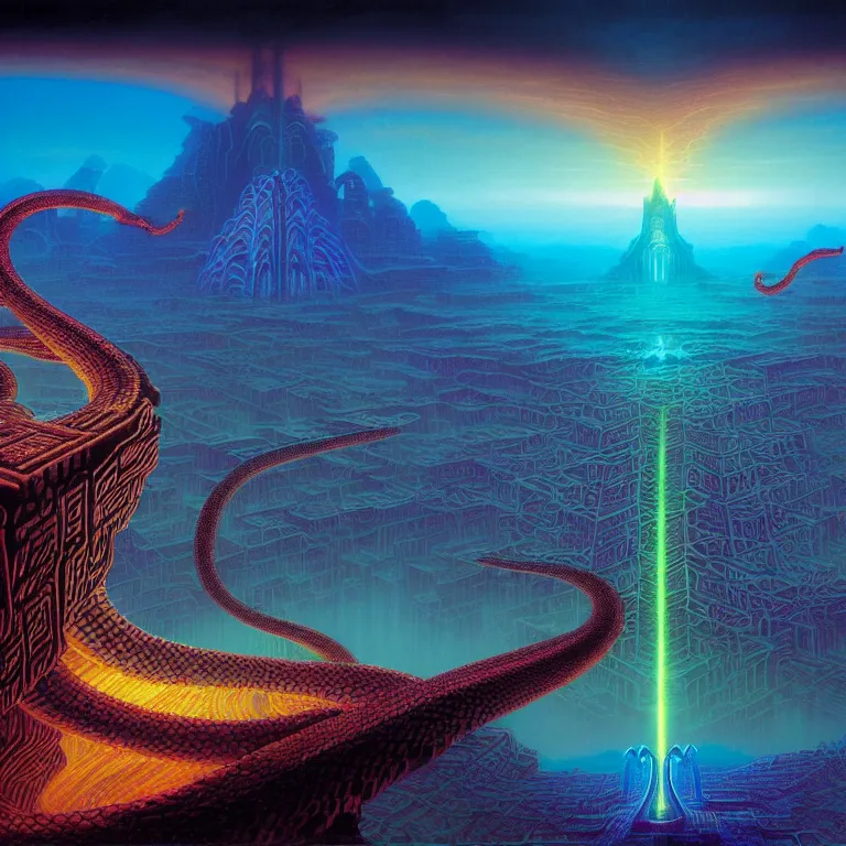 Image similar to mysterious glowing serpent over epic dark ancient city of bridges, infinite fractal tesseract, quantum waves, synthwave, bright neon colors, highly detailed, cinematic, tim white, vladimir kush, philippe druillet, roger dean, bob eggleton, michael whelan, boris vallejo, alfred kelsner, kubrick