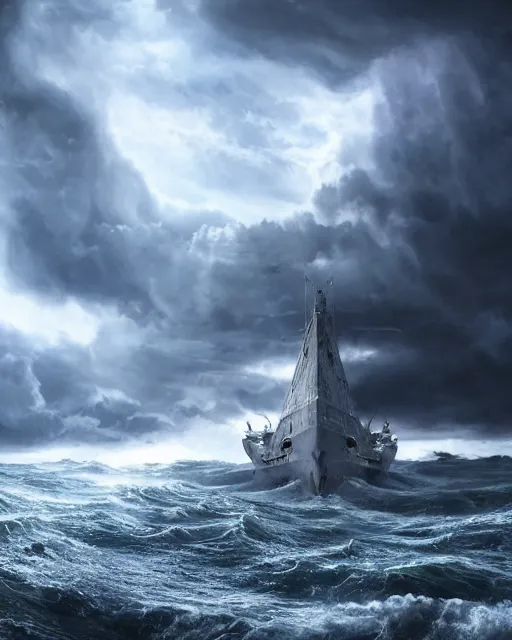 Image similar to establishing shot of a fishing boat on stormy seas, a gigantic star destroyer spaceship in the storm clouds flying overhead, star destroyer spaceship is emerging from storm clouds, stormy weather, dramatic lighting, unreal engine, hyper realism, realistic shading, cinematic composition, realistic render, octane render, detailed textures, photorealistic, ultrawide shot, 16mm lens