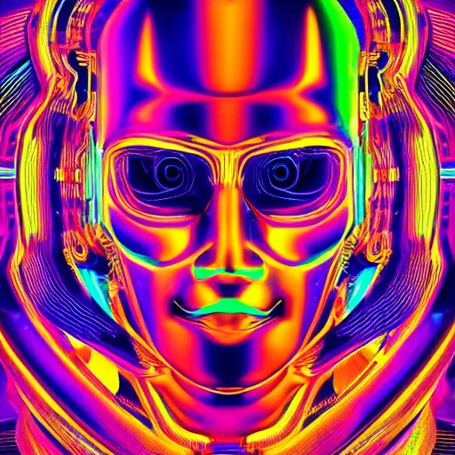 Image similar to hyperdetailed portrait of a psychedelic cyberpunk robot head, accentuated with colorful glowing holy geometry, 8 k, symetrical, halluzinogenic, meditative, black background