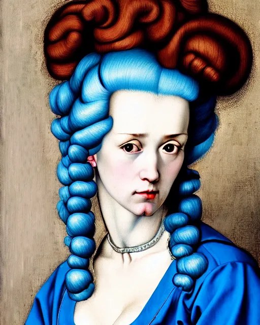 Prompt: photorealistic portrait of a woman with blue hair and big hair hair curlers, wearing a baggy pajamas, intricate details, highly detailed, in the style of rogier van der weyden and jacopo da pontormo, punk, masterpiece