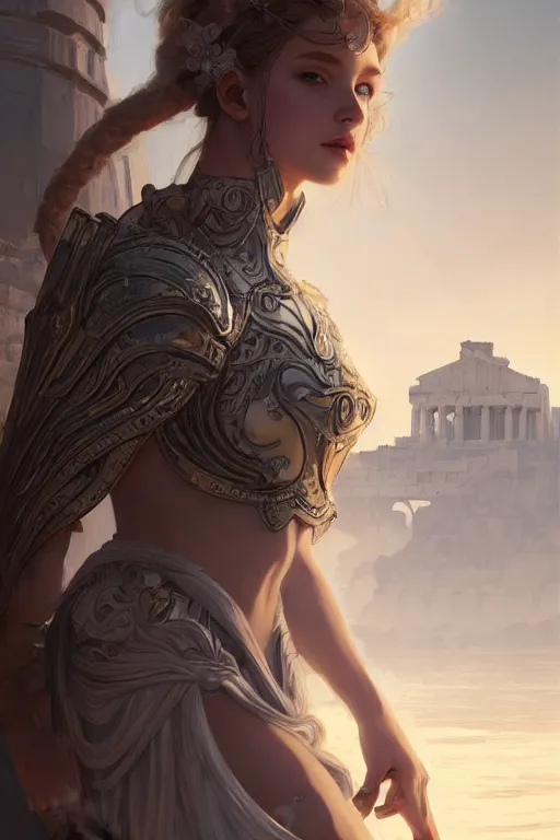 Image similar to portrait young knights of Zodiac girl, matt white color armor, in ruined Agora of Athens Sunrise, ssci-fi and fantasy, intricate and very beautiful and elegant, highly detailed, digital painting, artstation, concept art, smooth and sharp focus, illustration, art by tian zi and WLOP and alphonse mucha