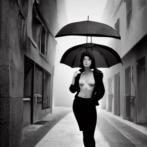 Image similar to stoya realistic expired kodak film full body portrait of an woman in street with an umbrella, hyperrealism, hypermaxiymalism, photorealistic, detailed, atmospheric, 8 k, award winning photography, cinematic