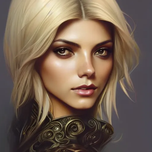 Image similar to A combination of Victoria Justice's and Ashley Greene's faces with blonde hair, western, D&D, fantasy, intricate, elegant, highly detailed, digital painting, artstation, concept art, matte, sharp focus, illustration, art by Artgerm and Greg Rutkowski and Alphonse Mucha