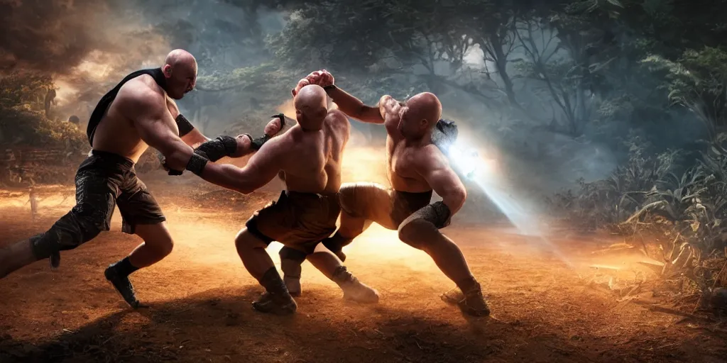 Image similar to The Ryback fighting a snake outdoors, highly detailed, intricate, hyperrealistic, photorealistic, ultra hd, global illumination lighting, award-winning, 4k, beautiful color, high quality, high textured, lens flare