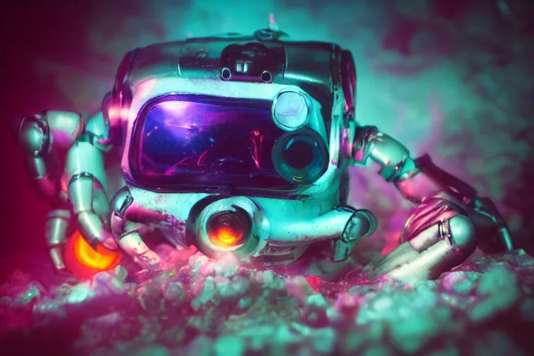 Image similar to robot kawaii cute cyborg - crab underwater, in 2 0 1 2, bathed in the the glow of a crt television, crabcore cybercore, low - light photograph, photography by tyler mitchell