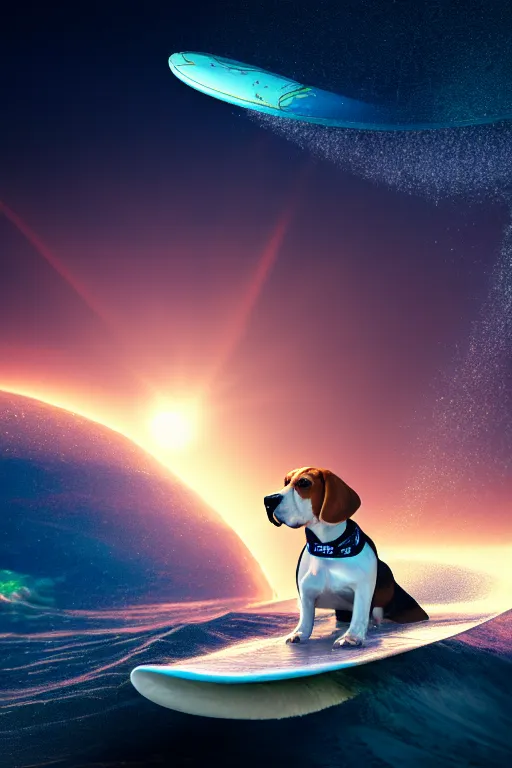 Image similar to beagle dog surfing a surfboard on a sparkly crashing wave of stardust in space, background is a moon in nebula, octane render, unreal engine, wide view, 8 k, highdetaild