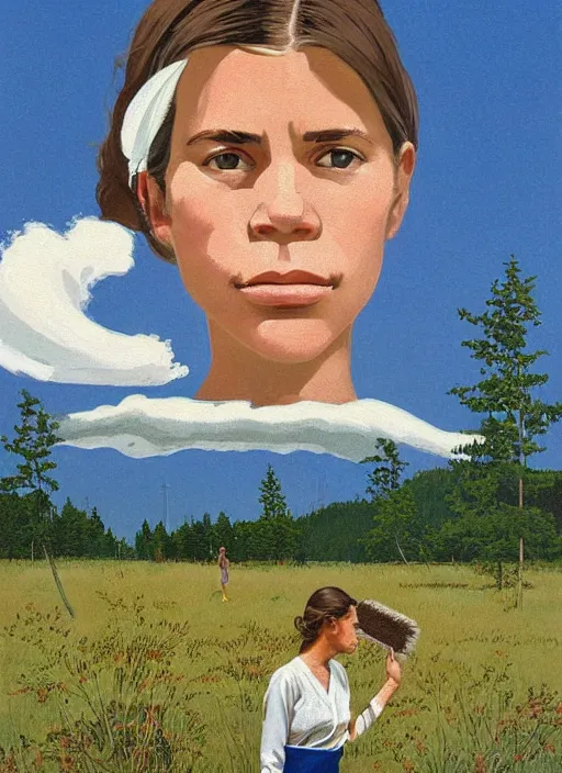 Image similar to composition by justine kurland, a zoomed out portrait of a beautiful tan skinned light brown hair maid in a white uniform cleaning in a scenic representation of mother nature and the meaning of life by billy childish, thick visible brush strokes, shadowy landscape painting in the background by beal gifford, vintage postcard illustration, minimalist cover art by mitchell hooks