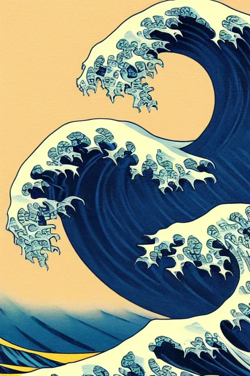 Image similar to The Great Wave off Kanagawa, intricate, elegant, highly detailed, digital painting, artstation, concept art, smooth, sharp focus, illustration, art by artgerm and greg rutkowski and alphonse mucha