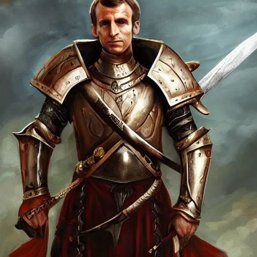 Prompt: portrait of Emmanuel Macron in fantasy armor with a large sword resting on his shoulder, realistic, detailed, cinematic light, art of D&D