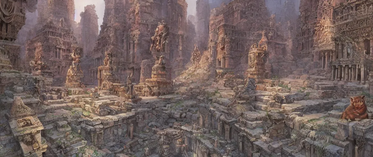 Prompt: a beautiful and highly detailed digital painting of an ancient city with stone statues of Feline Gods by Marc Simonetti and Daniel Merriam | graphic novel, illustration:.4