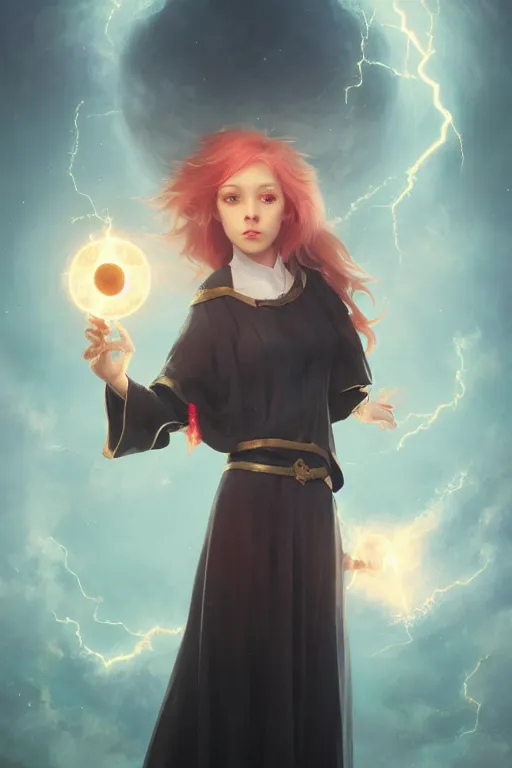 Image similar to a cute wizard girl conjuring a lightening ball, character art portrait, anime key visual, official media, illustrated by tom bagshaw, wlop, william bouguereau, extremely detailed, 8 k, trending on artstation, cinematic lighting, beautiful