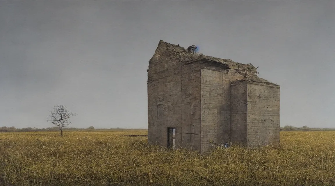Image similar to painting of an abandoned building in an open landscape by lee madgwick