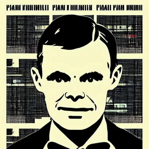 Image similar to individual smiling handsome alan turing silk screen butcher billy style