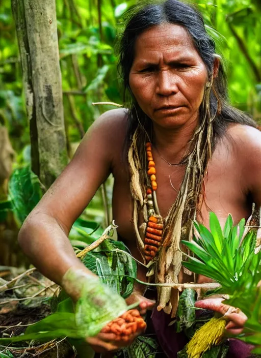 Prompt: a beautiful close up portrait of an indigenous woman preparing plant medicines in the jungle, highly detailed