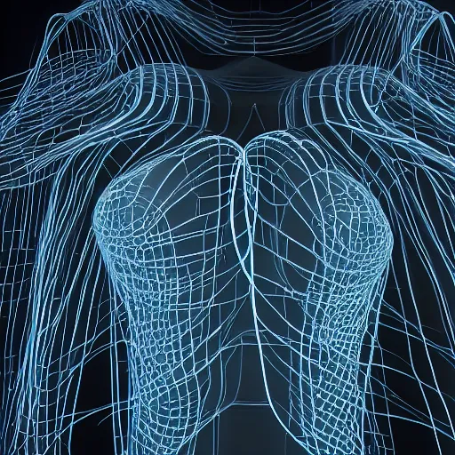 Prompt: close up of beautiful strange human bodies intertwined, torso, belly, skin, loving embrace, surrealism, wireframe, perfect topology, floating in an empty warehouse, color gradients, atmospheric lighting, octane render, cinematic