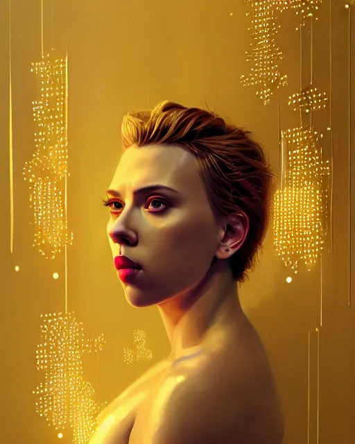 Image similar to Scarlett Johansson bathing in a gold tub, futuristic neon, decorated with traditional Japanese ornaments by Ismail inceoglu dragan bibin hans thoma greg rutkowski Alexandros Pyromallis Nekro Rene Maritte Illustrated, Perfect face, fine details, realistic shaded, fine-face, pretty face