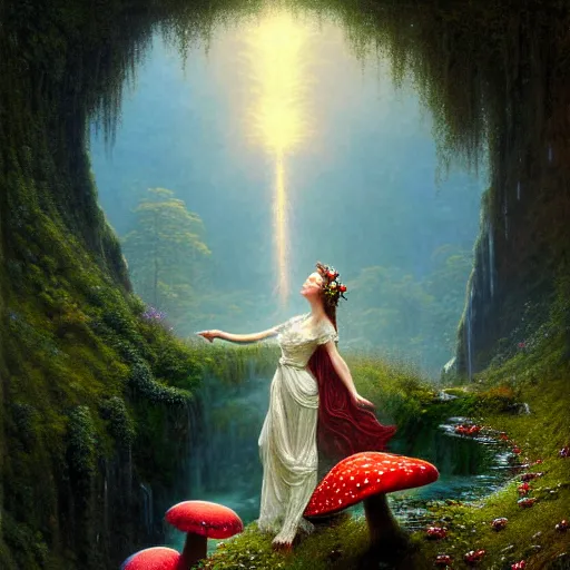 Image similar to highly detailed, elegant elf clothed in a white lace dress and flowers sitting in a enchanted scenery landscape, vast lush valley flowers and mushroom, waterfall, stream, sunrise, vivid color, soft clouds, cinematic lighting, perfect composition, 8 k, gustave dore, derek zabrocki, greg rutkowski, belsinski,