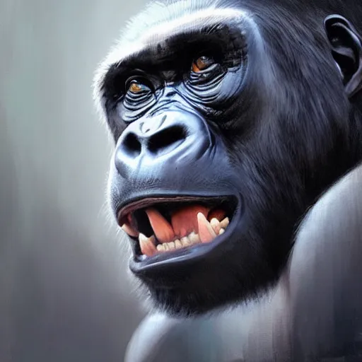 Prompt: a painting of a gorilla, greg rutkowski, cinematic lighting, hyper realistic painting
