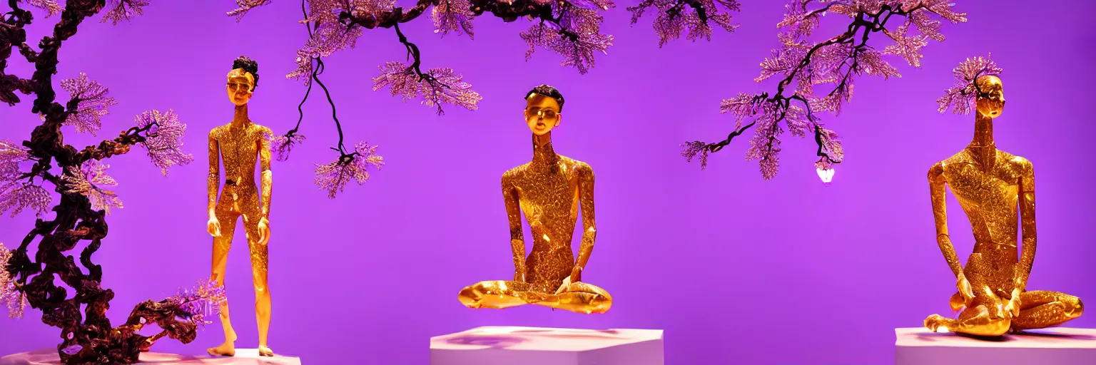 Image similar to beautiful mannequin sculpted out of amethyst by billelis + lit with geometric neon dripping gold + kintsugi, facing a doorway opening with neon pink geometric fractal light + flowering bonsai trees + lighting in background!!, transcendent, clean linework, dramatic, finely detailed, award winning, 4 k, trending on artstation, photorealistic, volumetric lighting, octane render