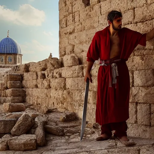 Prompt: award winning cinematic still of 40 year old Mediterranean skinned man in Ancient Canaanite clothing fixing a ruined, crumbled wall in Jerusalem, holding a sword and a chisel, dramatic lighting, strong shadows, red hues, directed by Ang Lee