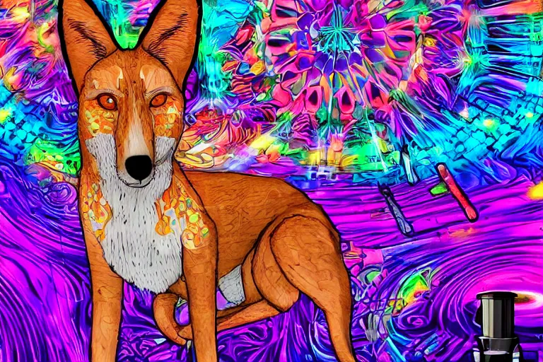 Image similar to a dingo who is a psychedelic music DJ. He has a house for a body. There are candles all around. He is tripping on LSD. Highly detailed, Cinematic. Cartoon style. 4k, Realistic, detailed.