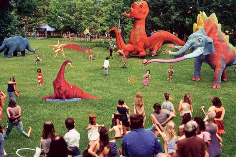 Image similar to full - color 1 9 7 0 photo of : view from a back porch of a lawn with a giant doing cartwheels, a statue wearing high - heels, happy creatures dancing, a dinosaur - victrola, tambourines and elephants playing in the band, a magician summoning a wondrous apparition, and people riding on a flying spoon.