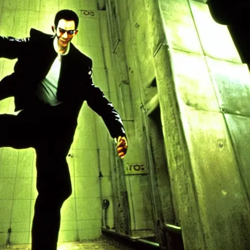 Image similar to picture of andrew tate as neo on the set of the matrix ( 1 9 9 9 )