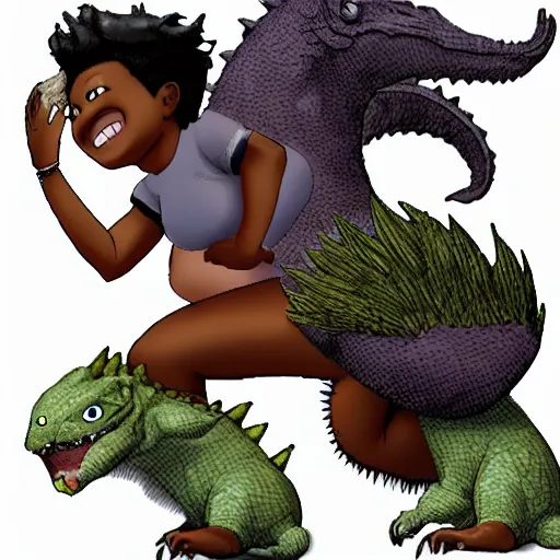 Prompt: Dark skinned girl pets Chibi Godzilla