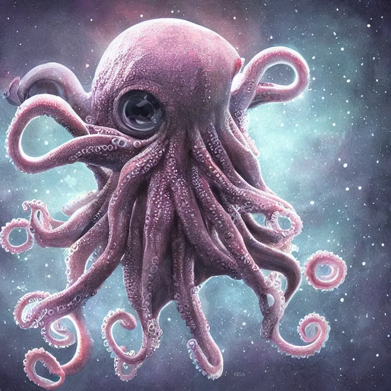 Prompt: a very cute small galactic baby alien octopus sitting, photorealistic digital art, hyper detailed