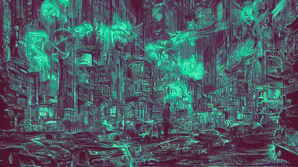 Prompt: cthulhu waiting to cross the busy road of a cyberpunk city by dan mumford