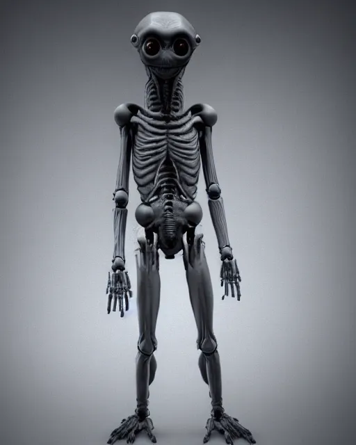 Prompt: photos of a humanoid gray alien with large black eyes and reptilian facial features inside area 51, secret service photos, taken on Fujifilm X-S10,