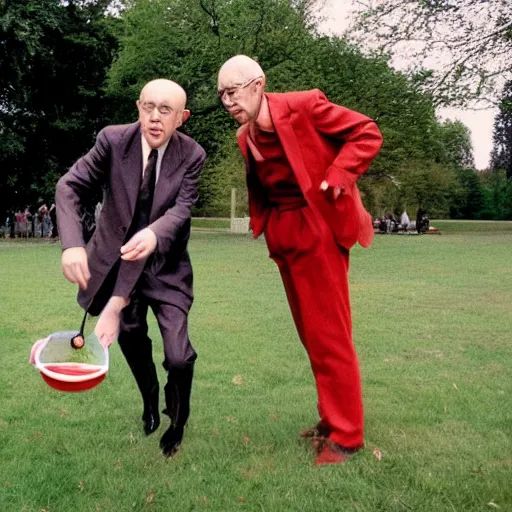 Image similar to gilbert and george playing with frisbees, in the park, where's wally