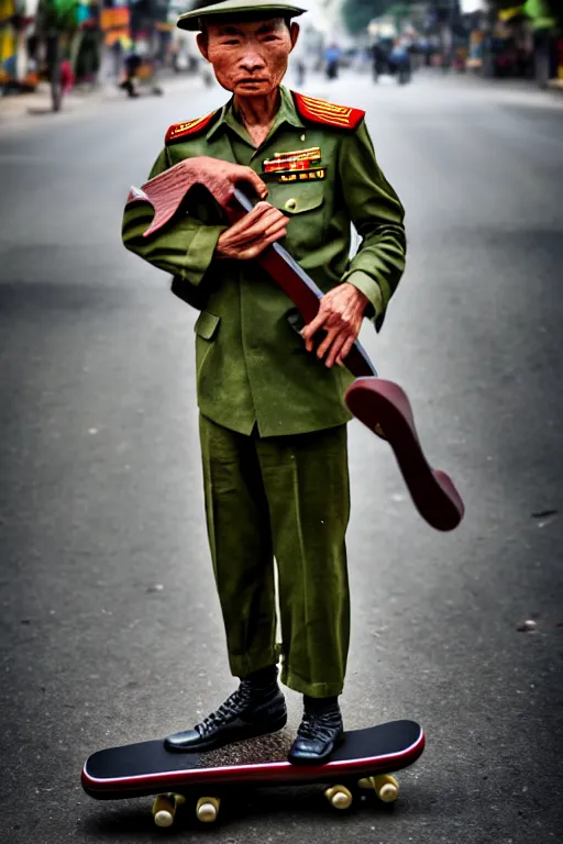 Image similar to vietnam soldier with skateboard, pulitzer award, big close up, captured by nikon d 8 5 0, 4 k, body features, face features, bokeh, proportional, object features, by daniel berehulak and adnan abidi and preston gannaway