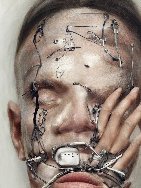 Image similar to cybernetic implants on face, metal jaw, usb port on forehead, portrait by jenny saville, calm, serene, relaxing, muted, naturalistic, minimalist