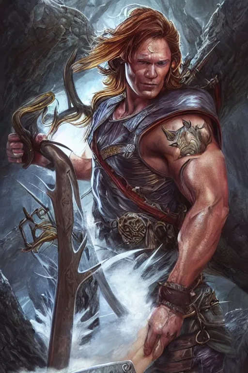 Prompt: portrait of pretty muscular sam winchester as a irish warrior mage alternative universe, muscular body tattooed, d & d!, fantasy style, sharp focus!, ultra detailed, art by artgerm and peter andrew jones, wlop