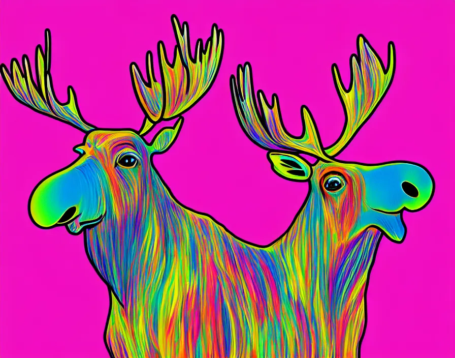 Prompt: moose in 6 0 s kitsch and psychedelia, digital painting, trending on artstation, sharp focus, 4 k