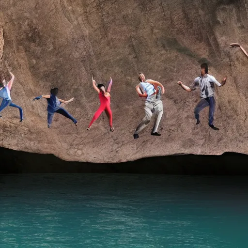 Prompt: group of people dancing and falling down a cliff