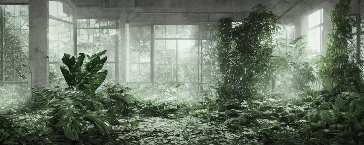 Image similar to An abandoned overgrow hazy laboratory with monstera plants, detailed, 4k, moody atmosphere,octane render, sharp focus,