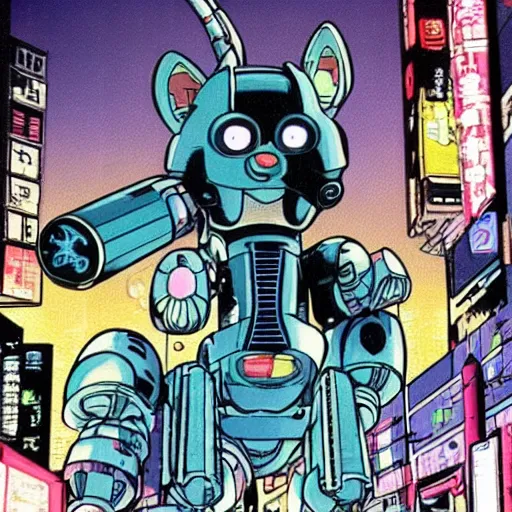 Prompt: cyber mecha cat on a rampage in neo tokyo, chibi, by moebius and matt groening, cinematic