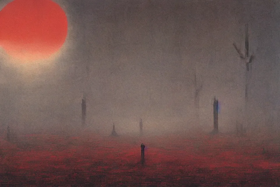 Image similar to painting of an colossal ominous morbid cathedral occupying most of the painting, under a reddish sky, high level of details, by Beksinski,