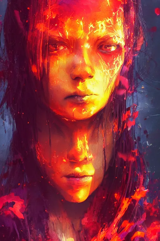 Prompt: a beautiful portrait of a young Demon girl covered in deep colourful flames by Greg Rutkowski, Sung Choi, Mitchell Mohrhauser, Maciej Kuciara, Johnson Ting, Maxim Verehin, Peter Konig, Bloodborne , 8k photorealistic, cinematic lighting, HD, high details, atmospheric , trending on artstation