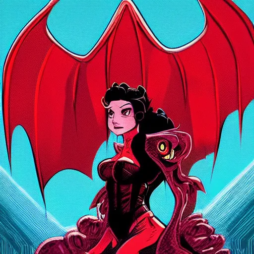 Image similar to female portrait anthropomorphic dragon wearing red clothes the graphic style of Patrick Gleason and Dan Mumford, detailed art, trending on Artstation, sharp focus, comic art