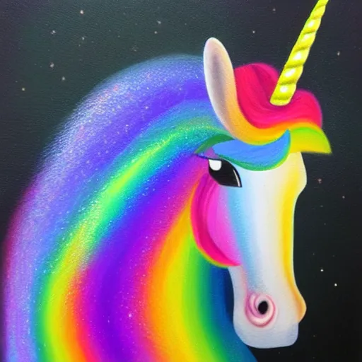 Image similar to rainbow sparkle unicorn, oil on canvas