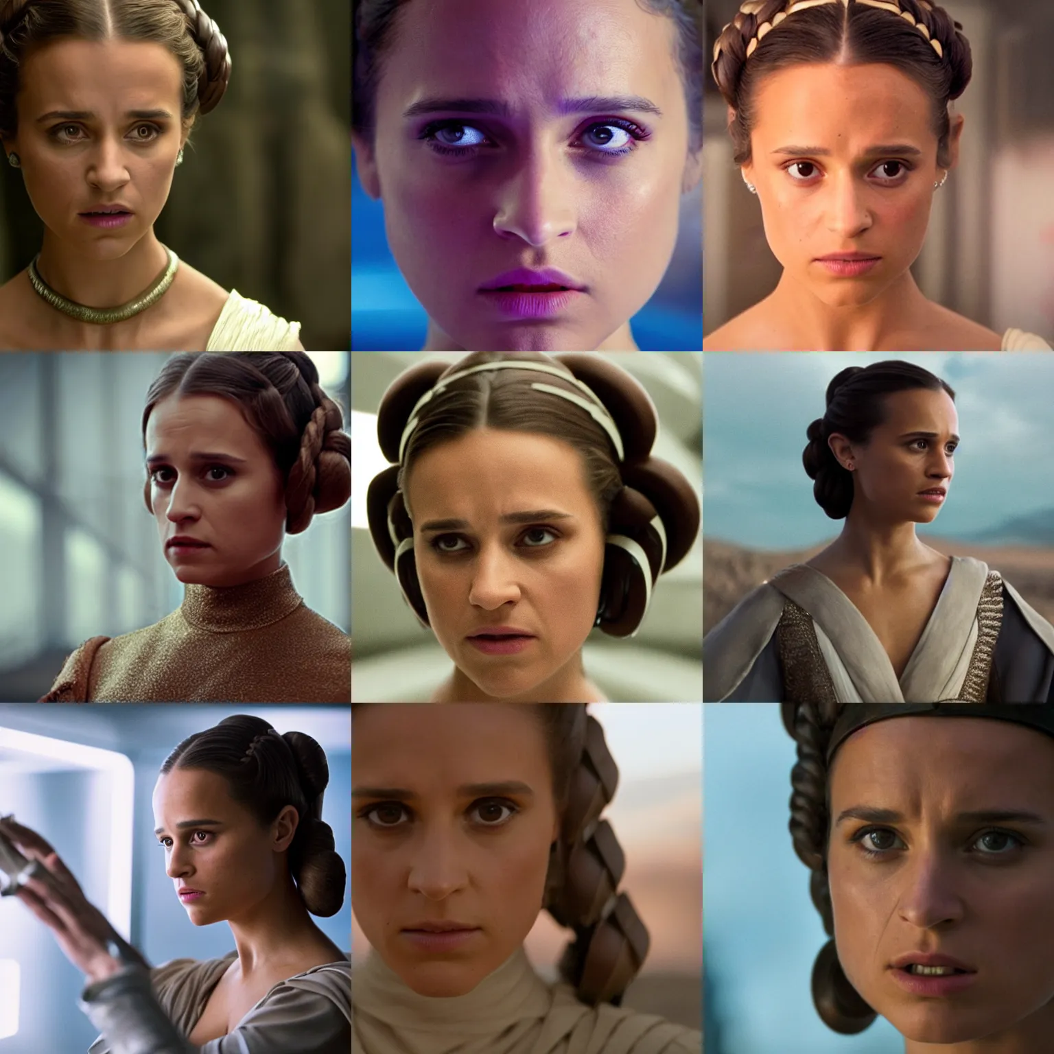 Prompt: alicia vikander as princess leia, movie still, cinematic, extreme detail, facial features, sharp focus, 8 k 3 5 mm coloured film, close up, anamorphic lens, lighting