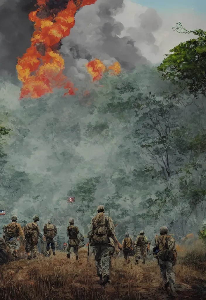 Image similar to handmade colorful illustration of an epic Vietnam War scene with a very few american soldiers walking, one american soldier at the forefront staring at the jungle, blue sky with beautiful clouds, some fire with columns of grey smoke, line art, heavy brushstrokes, oil on canvas by Kilian Eng and by Jake Parker, winning-award masterpiece, fantastic, octane render, 8K HD Resolution, High quality image