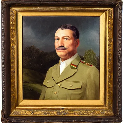 Image similar to official Portrait of a man in khaki uniform with countryside behind him. Highly detailed oil painting.