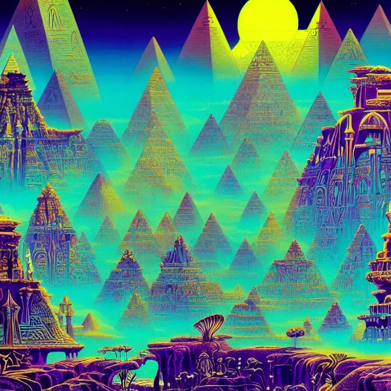 Image similar to mysterious egyptian dieties hovering over mystical crystal temple, infinite fractal waves, synthwave, bright neon colors, highly detailed, cinematic, eyvind earle, tim white, philippe druillet, roger dean, ernst haeckel, lisa frank, aubrey beardsley, stanley kubrick